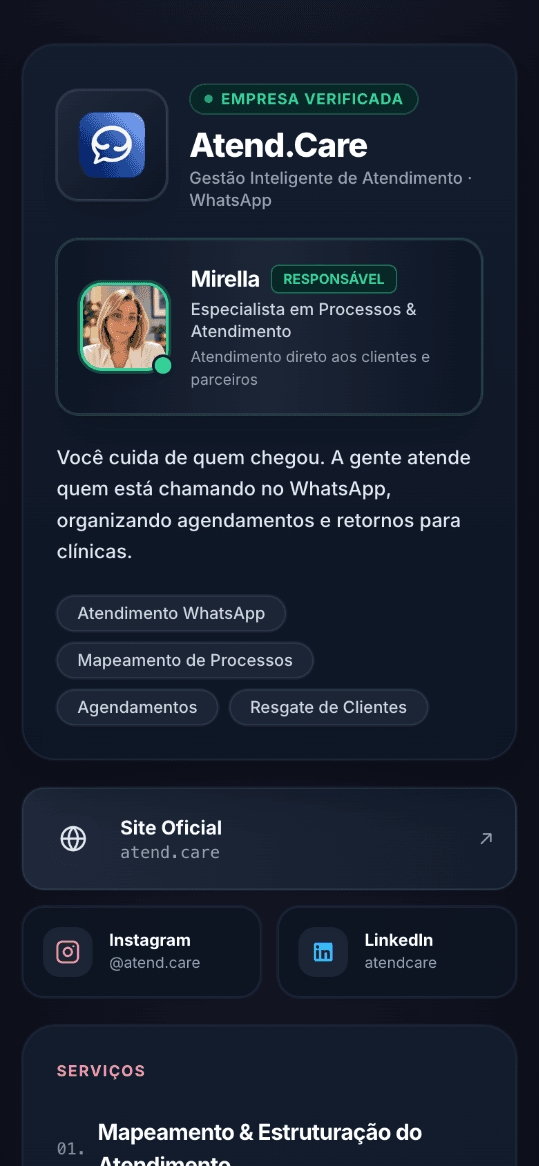 Captura real do minisite Atend.Care com apresentação, responsável, links e serviços